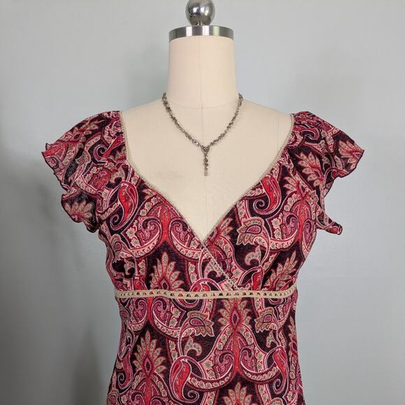 Y2K Babydoll Dress L Red Vintage Floral Paisley Beige Ribbon Feminine Dainty - Picture 1 of 11